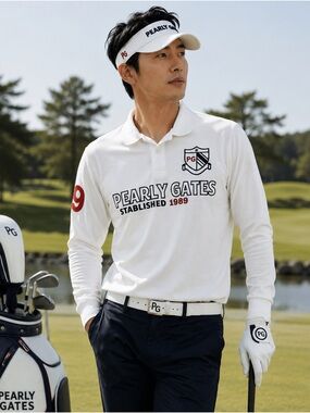 Y2K Pearly Gates White Long-Sleeve Polo  Sleeve Patch Cotton Pique Large